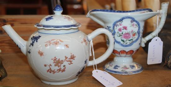 Chinese bullet-shaped teapot & cover, dec blue & red floral sprays & an Export helmet-shaped pedestal cream jug (faults)